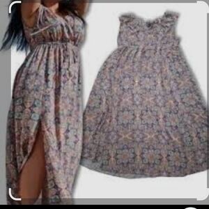 Torrid boho maxi dress Sz4 peach purple double slit gathered neck flowy